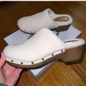 White Studded Faux Shearling Clogs